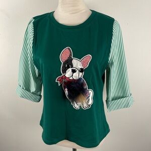 Green Striped Sleeve Dog Print Blouse